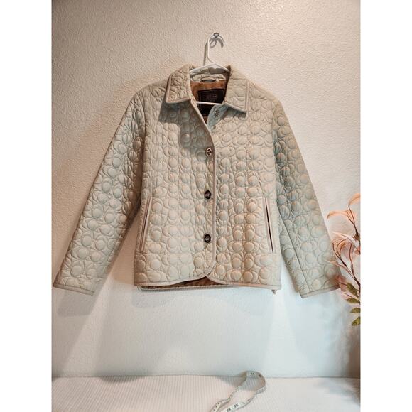 Coach Quilted Leather Trim Jacket XS Beige Turnlock button Women Outerwear ptp18 - Picture 1 of 6